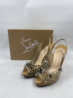 Christian Louboutin Nude Patent Multi Spiked PVC Slingback Pumps Size 40.5 COA