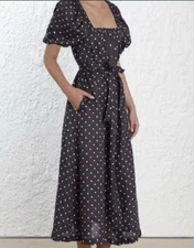 ZIMMERMANN 1 Prima Dot, Polka Dot, Black & White Midi Dress, Square Neck Pockets