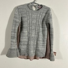 Little Lass Sweater Kids Size 6 Grey Pink Cable Knit Bow Bell Sleeve