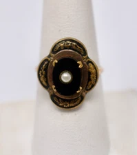 Vintage 1930s Victorian Revival Earring Gold Filled Ring Onyx/Glass Pearl sz. 8