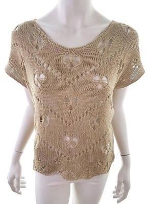 VINTAGE Damen Pullover Gr. XL Beige Baumwolle Kurzer Ärmel Runder Ausschnitt