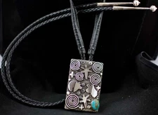 Navajo Bolo Tie; Wrought Silver, Turquoise and Petroglyphs by Alex Sanchez