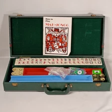 Vintage Mah Jongg Set w/ Tiles Dice Jokers Instruction Book Green Case