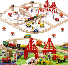 100 Pcs Wooden Train Track Set, Toy Train with Tracks for Kids Ages 3-10, Compat
