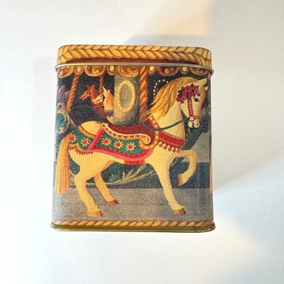 Vintage Carousel Horse Decorative Metal Tin Square Storage Container Carnival