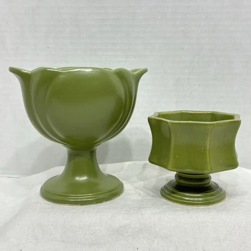 2 Vtg Hull Green Pottery Vases Green Tulip Shaped Planter F33 &Small Pedestal F3