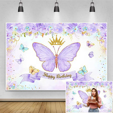 5X3Ft Happy Birthday Backdrop Purple Butterfly Flowers Gold Crown Photography Ba