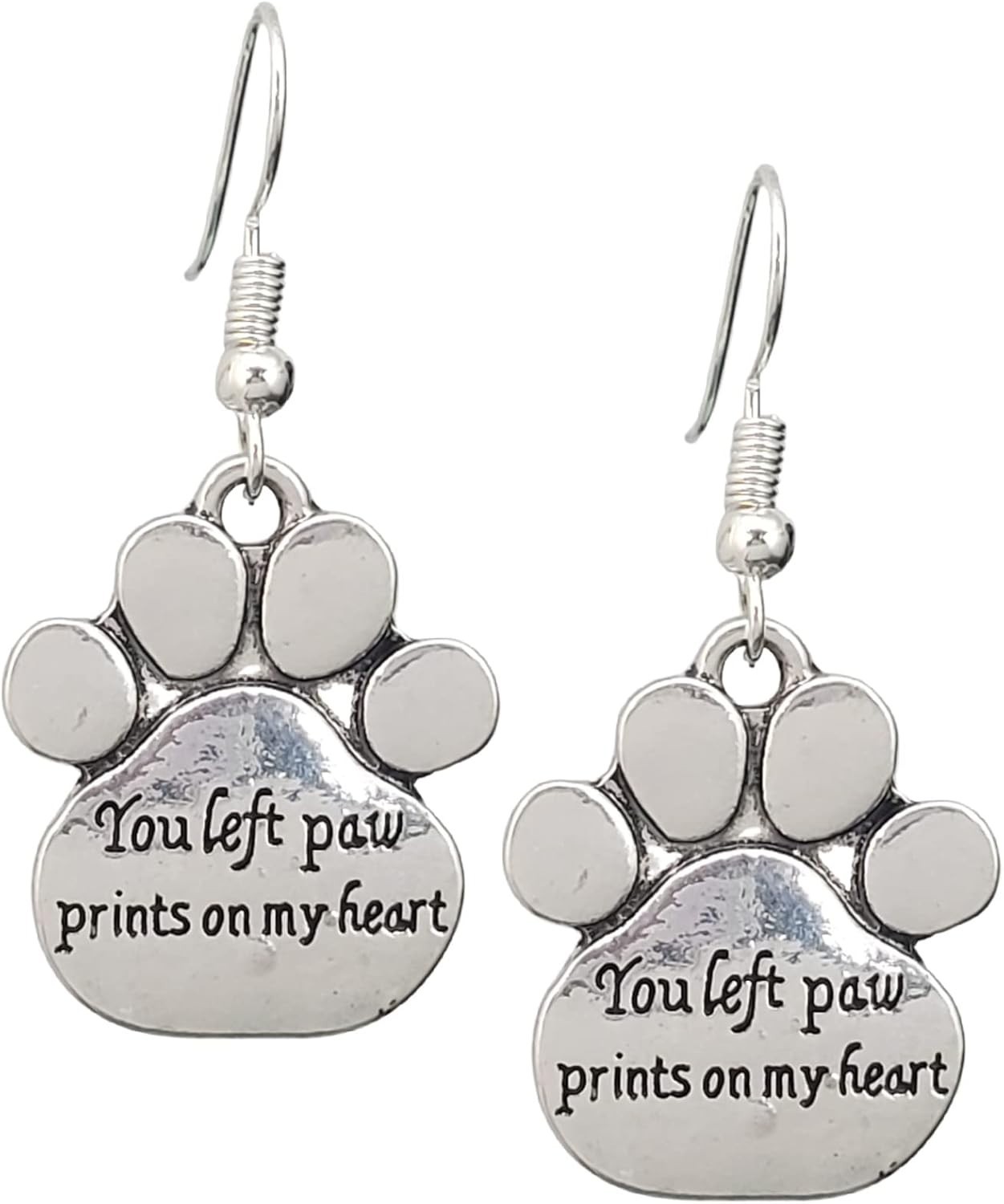Antique Silver Paw Prints Charm Earrings, Handmade Pet Memorial Dangle Jewelry
