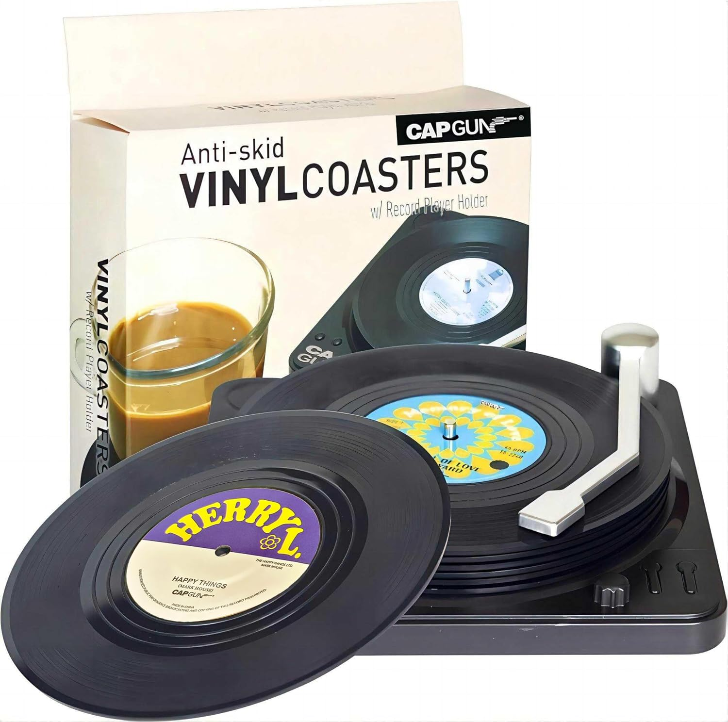 Funny Retro Record Coasters for Coffee Drinks with Vinyl Player Holder Set of 6