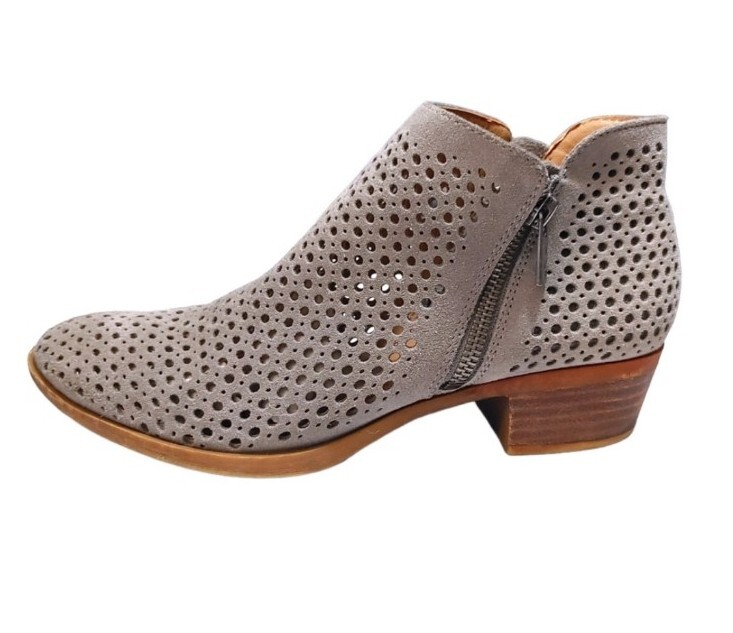 Lucky Brand Basel Gray Suede Leather Laser Cut Ankle Booties