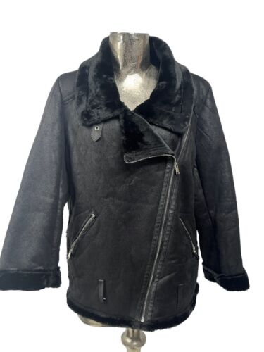 QED LONDON Jacket Coat Size Medium 14 Womens Black Faux Shearling Fur EU42 - Picture 1 of 14