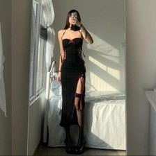 Womens Gothic Sexy Strapless Cutout Slit Lace Up Slit Stretched Long Dress NWON