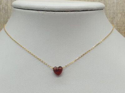 Halskette 9 kt Gelbgold Granat Herz Anhänger Naturstein 9 Karat feine Spur Kette