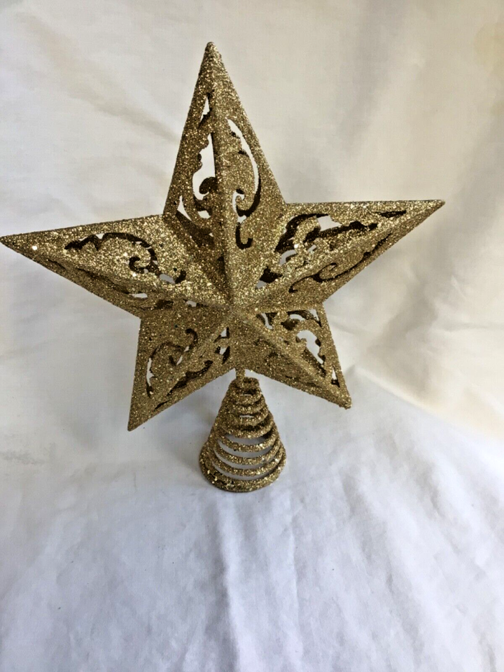 Christmas Tree Skirt 34” blue w snowflakes+ 10”tree topper lovely gold