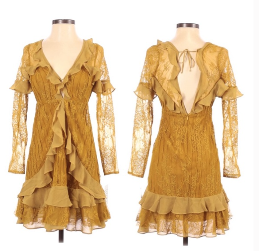 For Love and Lemons Daphne Ruffle Lace Dress Chartreuse Golden Yellow Long  Sleev