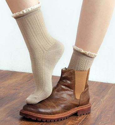Ladies Cute Unique 50's Retro Cotton Rib Knitted Ankle/Crew Lace Trim Socks 4-6