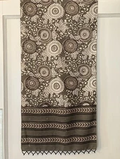 Mehera Shaw cotton block print scarf 56x14 gray ecru floral beaded hems boho