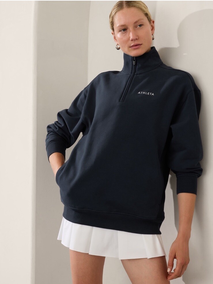 NWT Athleta Forever Fleece 1/4 Zip Sweatshirt S Small Navy Logo