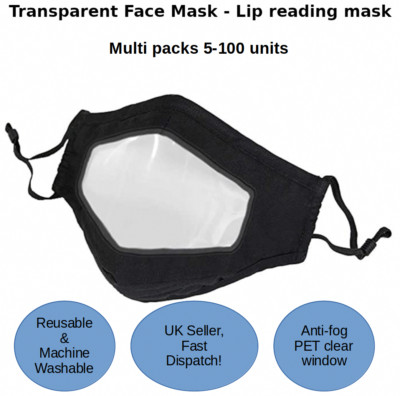 Transparente Gesichtsmaske x5 - Klar Fenster Gehörlosenfreundlich Lippen Lesemaske - Waschbar