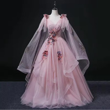 Princess Pink Wedding Dresses V Neck with Florals A Line Tulle Bridal Gowns