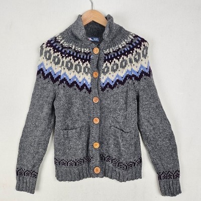 Vintage Damen Woll Strickjacke UK8 Grau Fair Isle Knopfleiste Pullover Winter Kuschelig