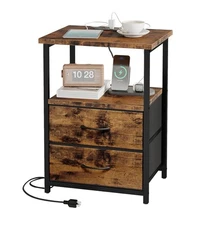 End Side Table Charging Station Nightstand W/2 Fabric Drawers USB Ports