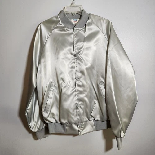 Vintage Westark Jacket Mens XL Silver Satin Nylon Bomber Snap Front Made USA 80s - product listing photo