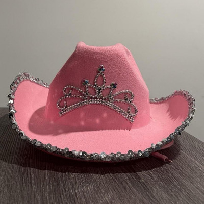Girls Pink Felt Princess Cowgirl Hat Rhinestone Tiara Silver  display picture 1