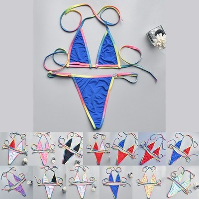 Three Point Sheer Bikini for Women Thin Strap Lace Up Nylon Two Piece Set