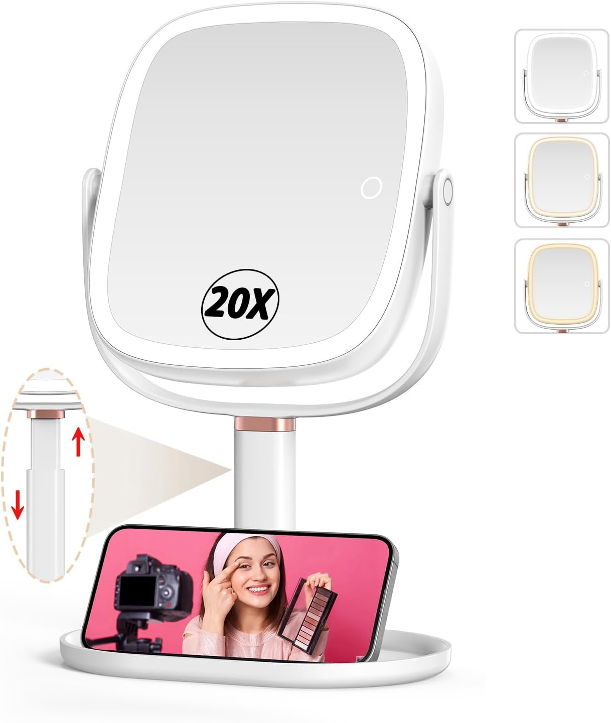 Makeup Mirror with Light, 360° Rotation 1X/20X Magnifying Makeup Mirror, Recharg
