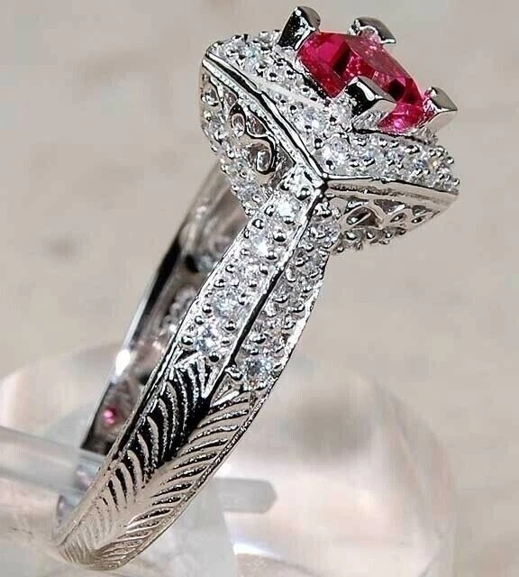 1CT Treated Ruby & White Topaz 925 Solid Sterling Silver Ring Jewelry Sz 8 IB2-3 - Image 2 of 4