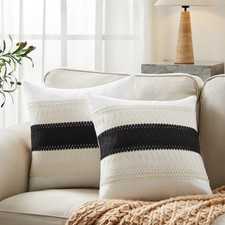 YZJZEDS Soft Cotton Boho Throw Pillow Covers Set of 2, Natural White/Black, 18x1