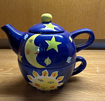 Natural Wonders Celestial 3pc Stacking Tea Set Blue Sun Moon Stars Lid Ceramic
