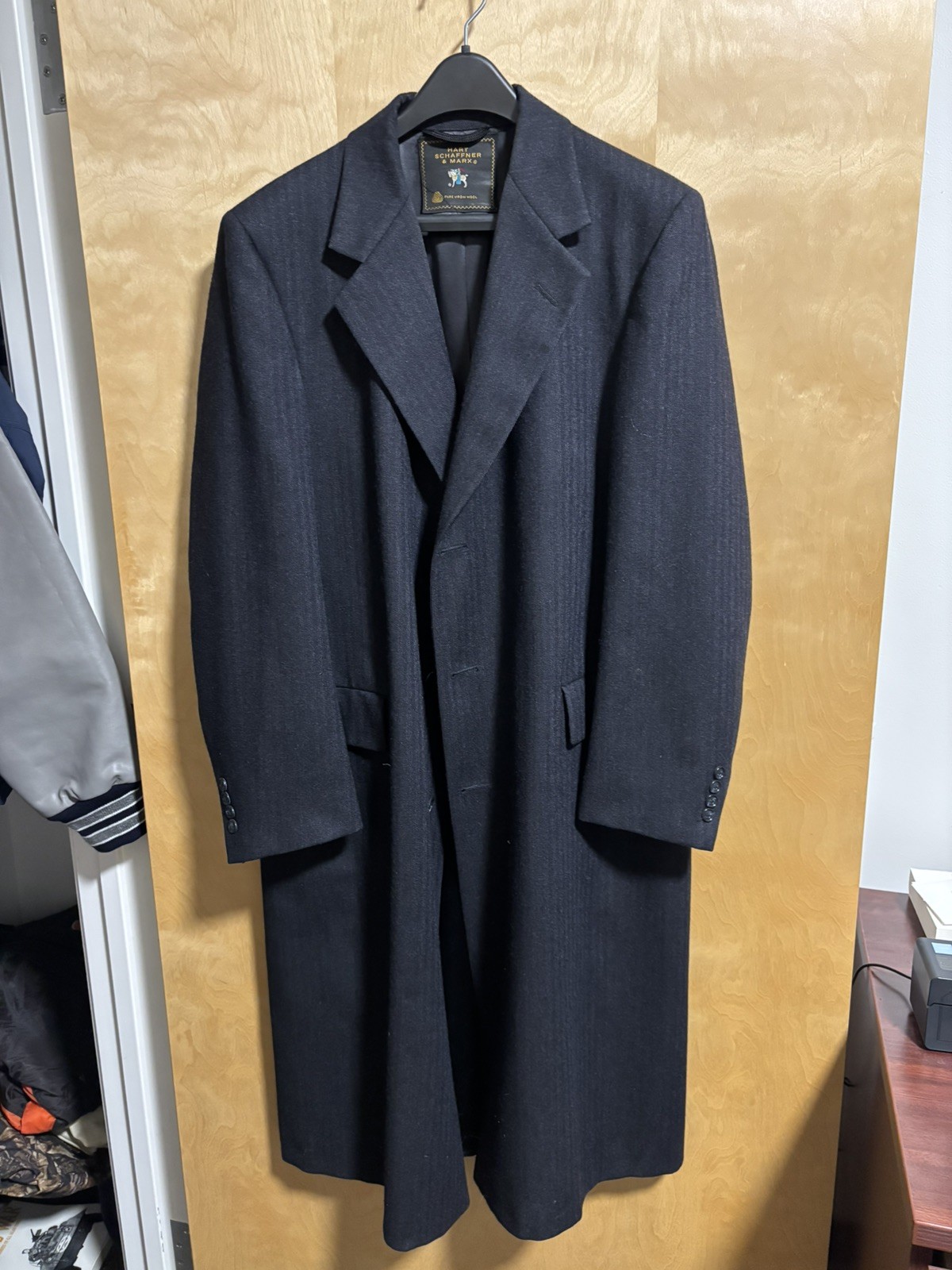 Vintage Hart Schaffner & Marx Men Virgin Wool Herringbone Grey Overcoat Made USA