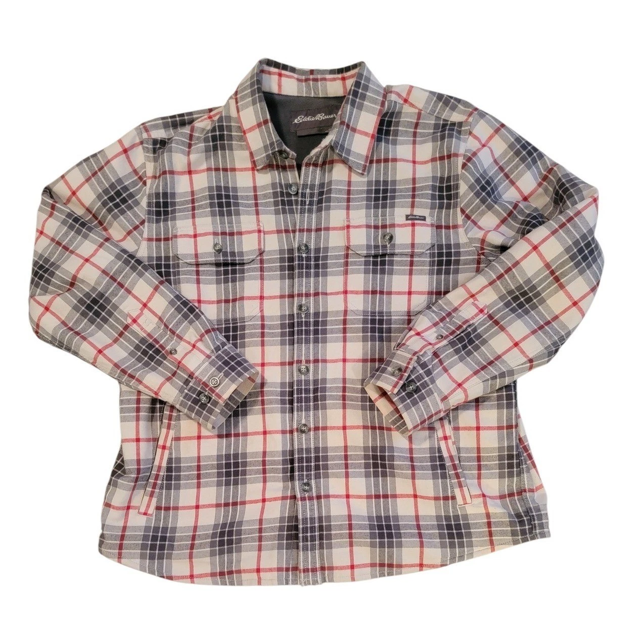Eddie Bauer Mens Flannel Lined Shirt Jacket Plaid Red Gray XL