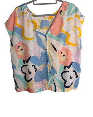 Rachel Zoe 100% Linen Abstract Floral Boxy Crop Top Size L Coastal Chic