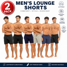 Mens 2 Pack Lounge Shorts Cotton Pyjama Bottoms Elastic Waist Drawstring Pockets