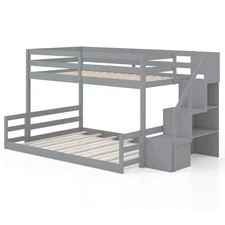 Twin Over Full Low Bunk Bed with Storage Stairs Full-length Guardrails