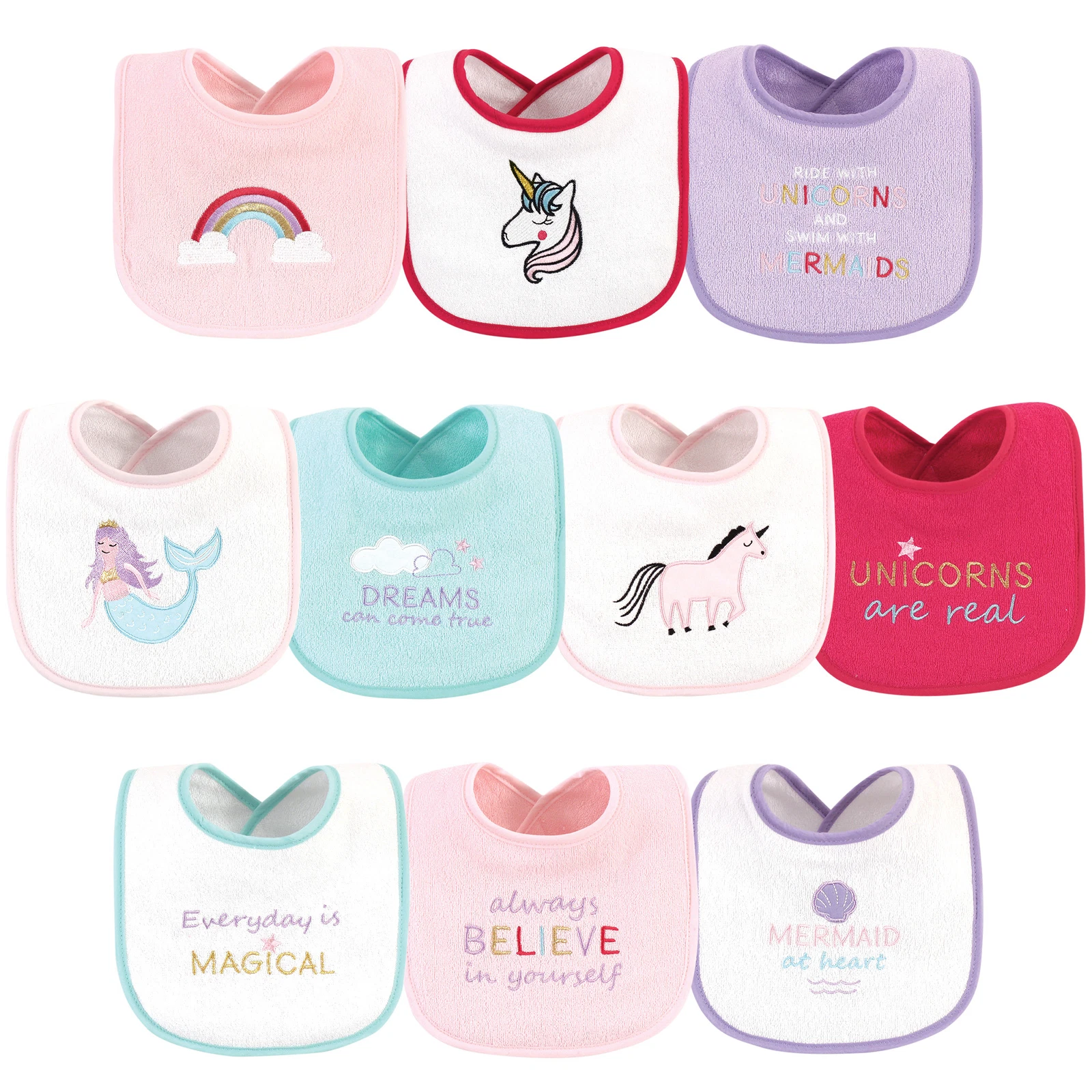 Luvable Friends Drooler Bibs with Fiber Filling 10pk, Unicorns And Mermaids