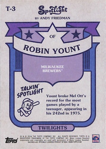 2024 Topps Spotlight By Andy Friedman #T-3 Robin Yount Brewers Twilights - Picture 2 of 2