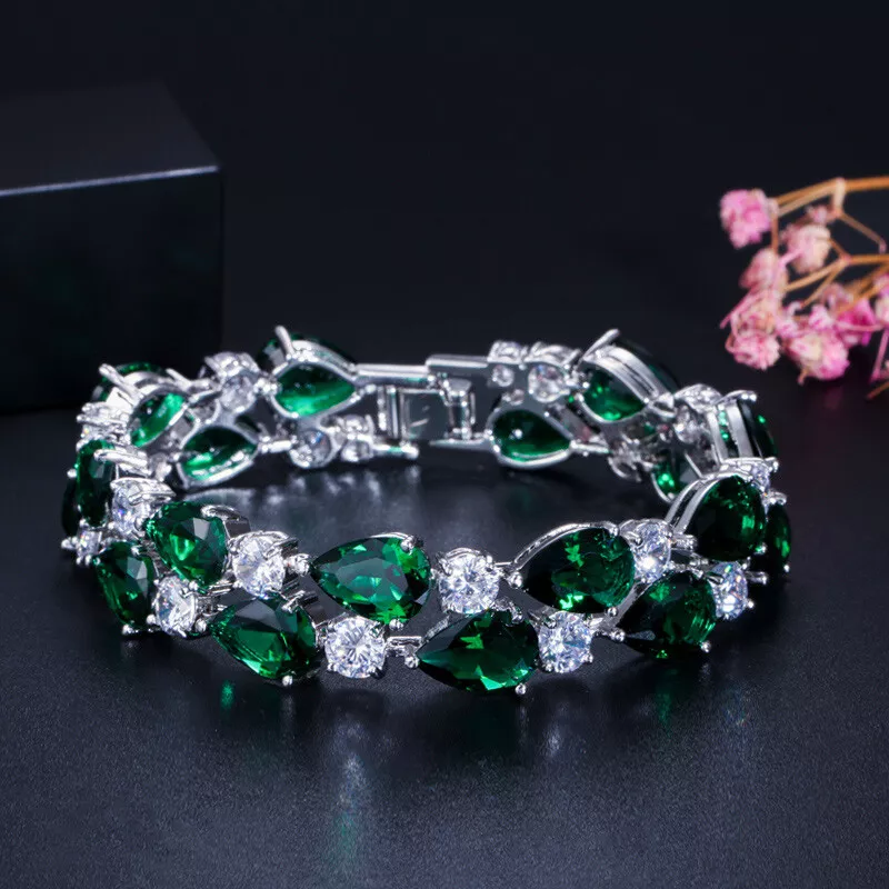 White Gold Plated Green Cubic Zircon Mona Lisa Bangle Bracelet for