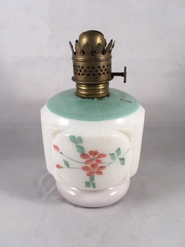 Small Antique Decorated Milk Glass Kerosene Oil Lamp