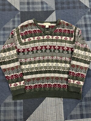 Vintage 90s Heavyweight V Neck Studio Works Aztec Beacon Geometry Striped Mens L