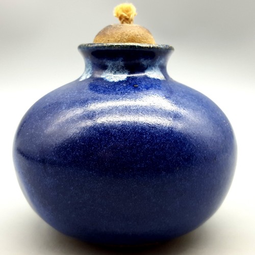 Stoneware Pottery Oil Lamp w/Wick or Bud Vase Blue Drip Glaze Studio Art Signed - Picture 3 of 10