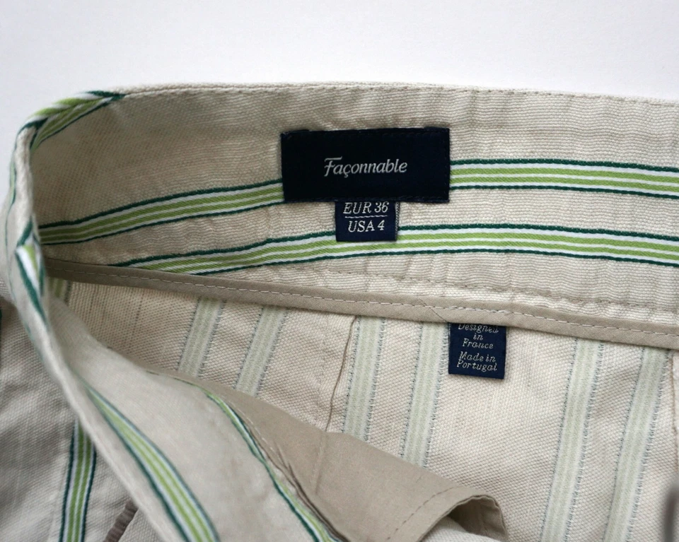 FACONNABLE Beige Tan Green Striped Linen Blend Bermuda Shorts Size 4  36 EUC - Image 3 of 4