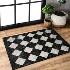 Moroccan Trellis Area Rug 2x3 Printed Small Black Checkered Entryway Rug Non Sli