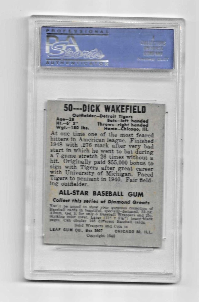 1948 LEAF BASEBALL CARD #50 DICK WAKEFIELD GRADED PSA 7 NQ MLB DETROIT TIGERS - Image 4 of 4