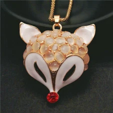 Fashion Women Crystal White Cat Eye Enamel Fox Pendant Chain Party Necklace Gift