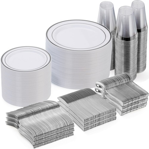 600 Piece Disposable Silver Plates for 100 Guests, Plastic Dinnerware Set of ...