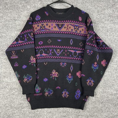 Vintage Bogner Sweater Mens Small Black Fair Isle Knit Crewneck Hong Kong 80s